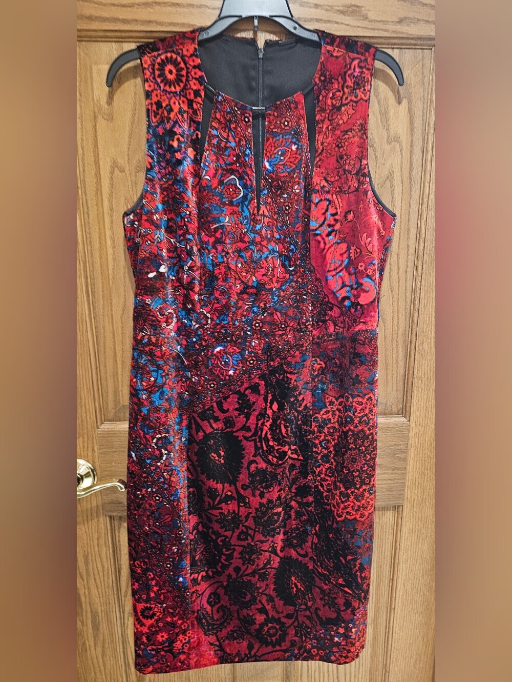Elie Tahari Red and Blue Patterned Velvet Sheath Dress